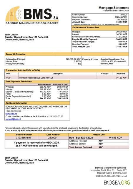 Modèle Word et PDF de relevé hypothécaire de la Banque Malienne de Solidarité (BMS) du Mali